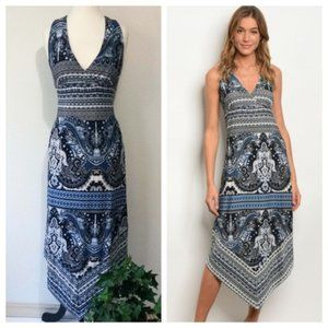 Blue Paisley Sleeveless Midi Dress Asymmetrical Handkerchief Hem V Neck Dress